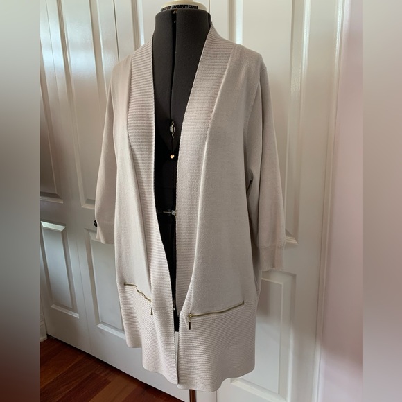 Magaschoni Women’s Sweater Cardigan Mid Length in Beige/Cream Size XL - Picture 2 of 6